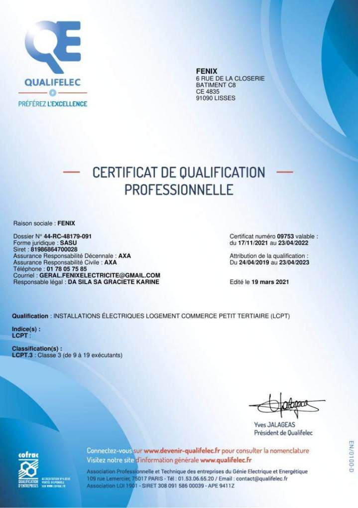 Certification de qualification professionnelle Lisses